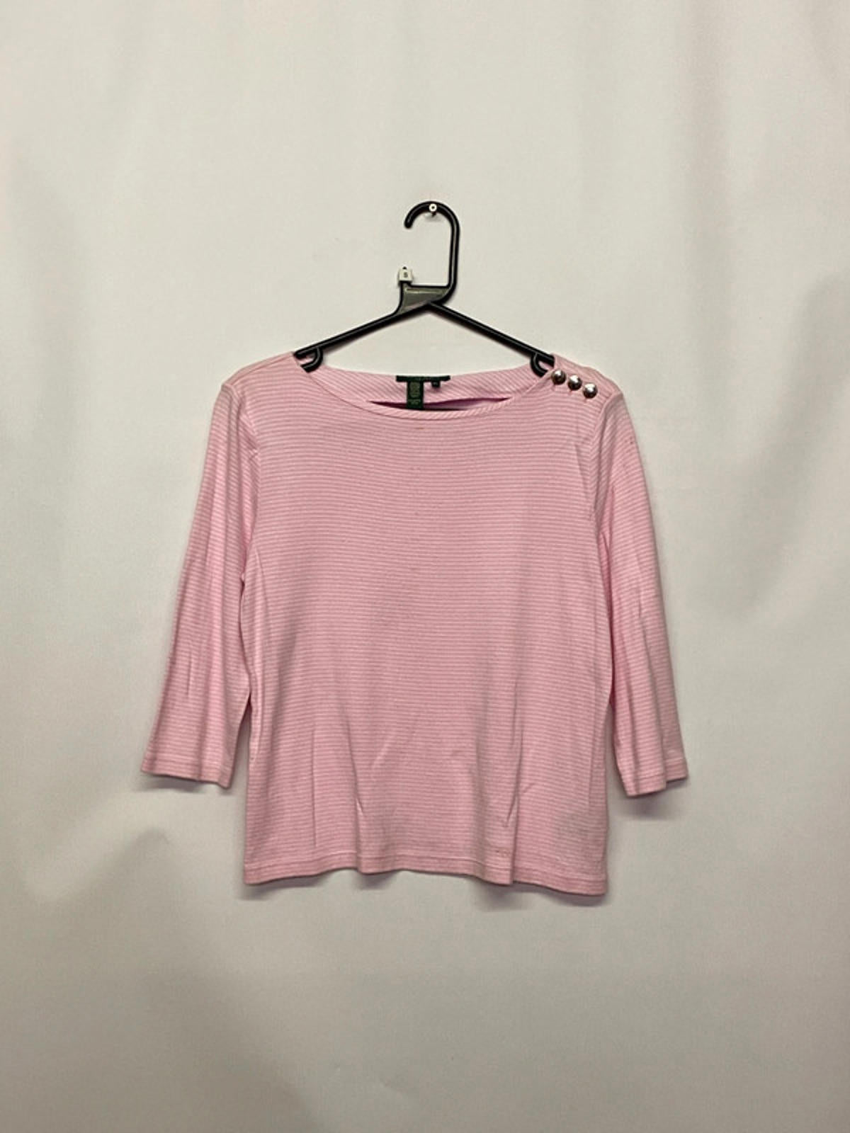 Lauren Ralph Lauren Petite Pink Striped Cotton Top with Shoulder Buttons