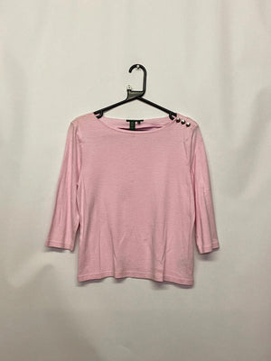 Lauren Ralph Lauren Petite Pink Striped Cotton Top with Shoulder Buttons