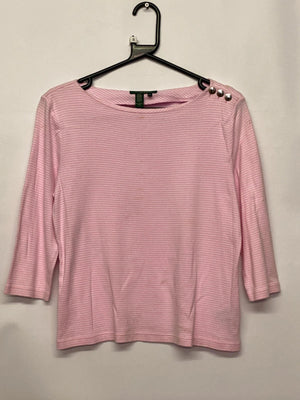 Lauren Ralph Lauren Petite Pink Striped Cotton Top with Shoulder Buttons