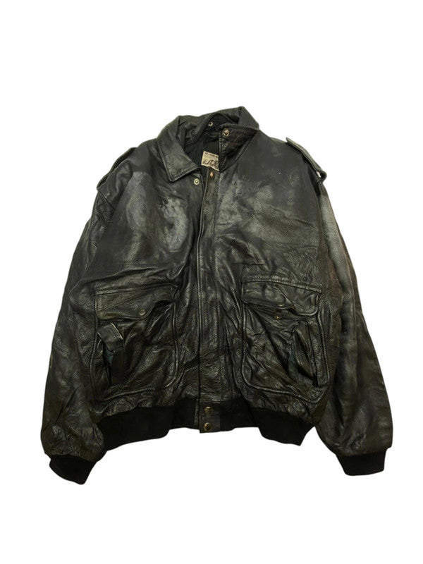 Black Leather Bomber Jacket Men's XL