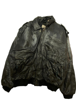Black Leather Bomber Jacket Men's XL