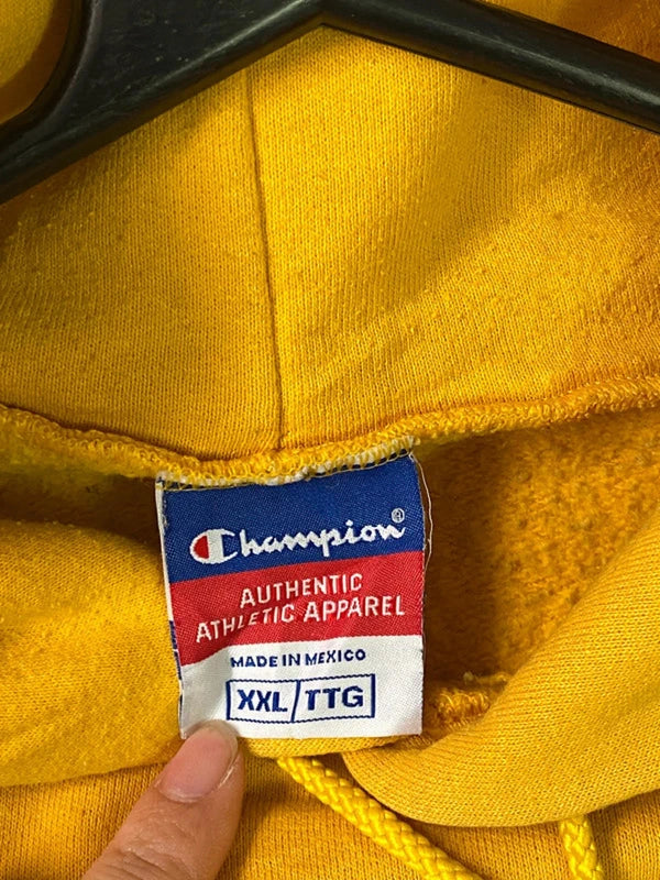 Vintage Champion Hoodie XXL Yellow "Los Maestros" Embroidered Logo