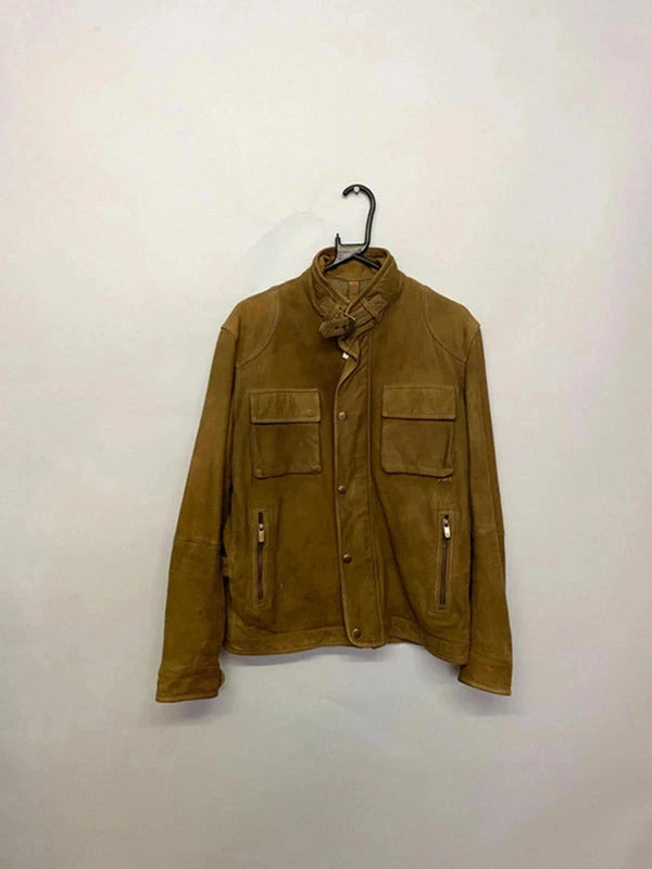 Massimo Dutti Tan Suede Leather Jacket – Utility Style (Made in India)