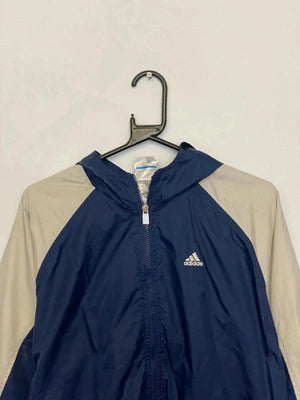 Adidas Navy & Beige Windbreaker Jacket – Size XL – Retro 3-Stripes