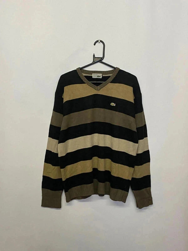 Vintage Lacoste Striped V-Neck Jumper – Made in France (Size 6 / L)