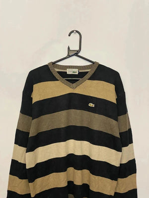 Vintage Lacoste Striped V-Neck Jumper – Made in France (Size 6 / L)