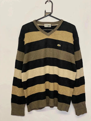 Vintage Lacoste Striped V-Neck Jumper – Made in France (Size 6 / L)