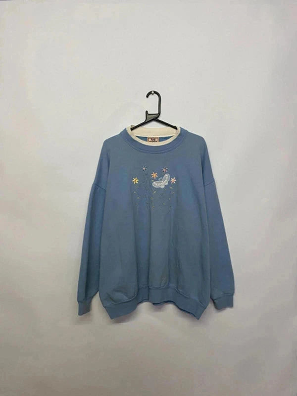 Vintage Morning Sun Embroidered Sweatshirt – Blue Floral Moon – 2XL