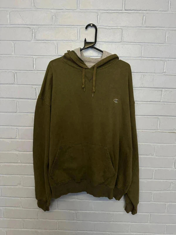 Vintage Champion Hoodie XXL Olive Green Pullover Embroidered Logo USA Made