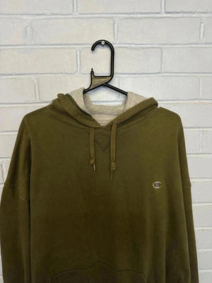 Vintage Champion Hoodie XXL Olive Green Pullover Embroidered Logo USA Made