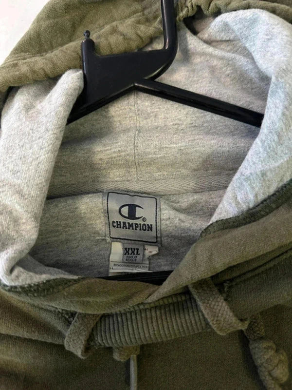 Vintage Champion Hoodie XXL Olive Green Pullover Embroidered Logo USA Made