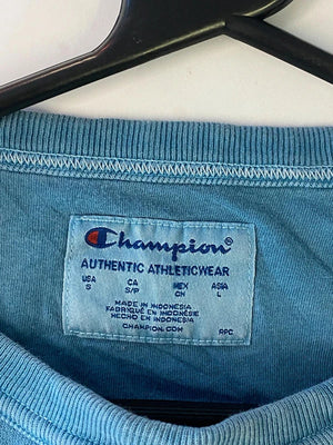 Champion Reverse Weave-Style Blue Sweatshirt – Size S – Distressed/Vintage Look
