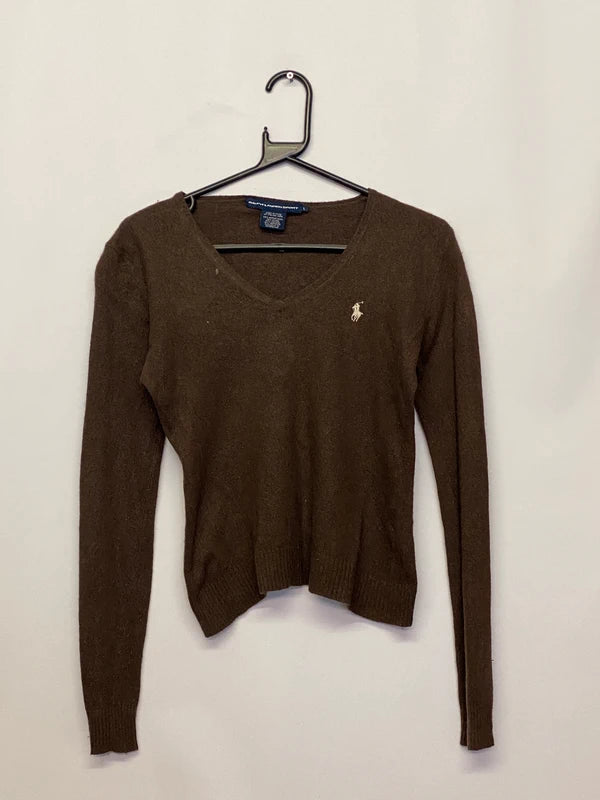 Ralph Lauren Sport Brown V-Neck Knit Sweater – Merino Wool & Cashmere