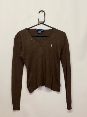 Ralph Lauren Sport Brown V-Neck Knit Sweater – Merino Wool & Cashmere