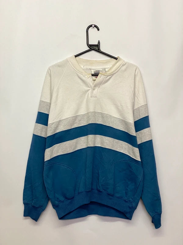 Vintage Claybrooke Sport Colourblock Henley Sweatshirt – Blue/White/Grey – XL