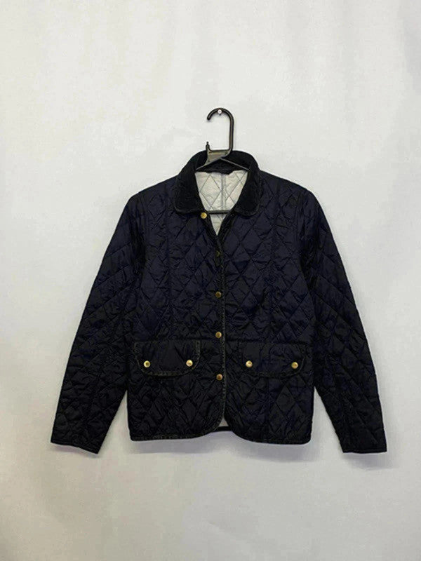 Classic Quilted Jacket with Cord Collar – Barbour Style – Navy Blue