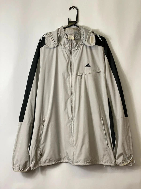 Adidas Light Grey & Black Hooded Windbreaker Jacket – Size XL