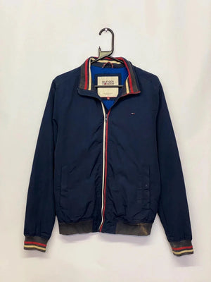 Hilfiger Denim Navy Bomber Jacket with Striped Trim – Men’s S
