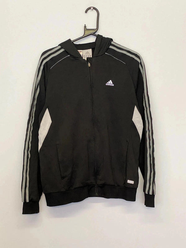 Vintage Adidas Hooded Track Jacket – Black/Grey 3-Stripes – Size XL