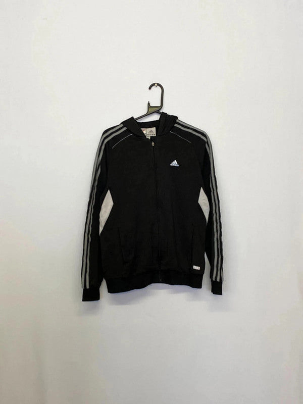 Vintage Adidas Hooded Track Jacket – Black/Grey 3-Stripes – Size XL