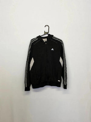 Vintage Adidas Hooded Track Jacket – Black/Grey 3-Stripes – Size XL