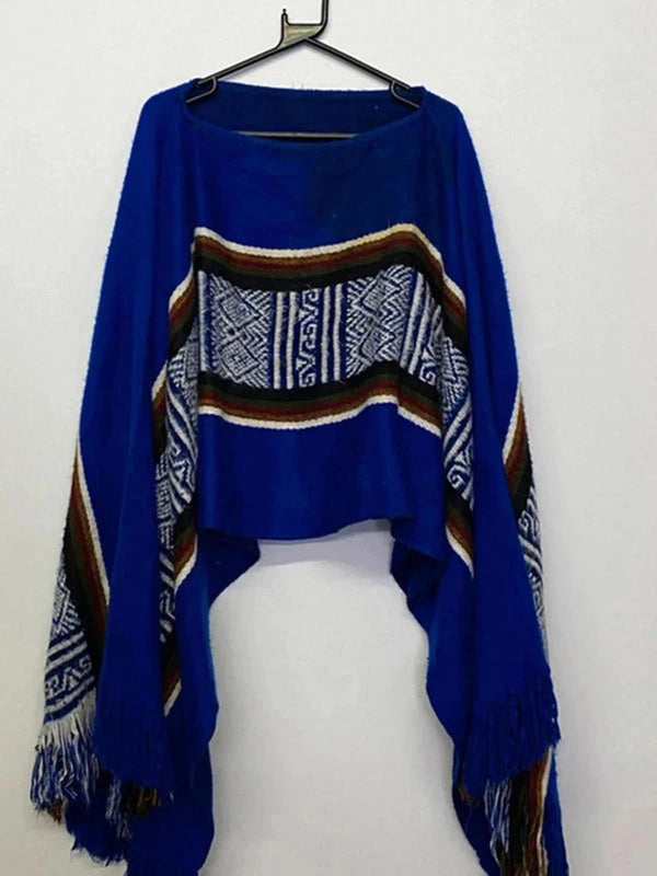 Vintage Blue Fringed Poncho / Shawl – Tribal Aztec Knit Design