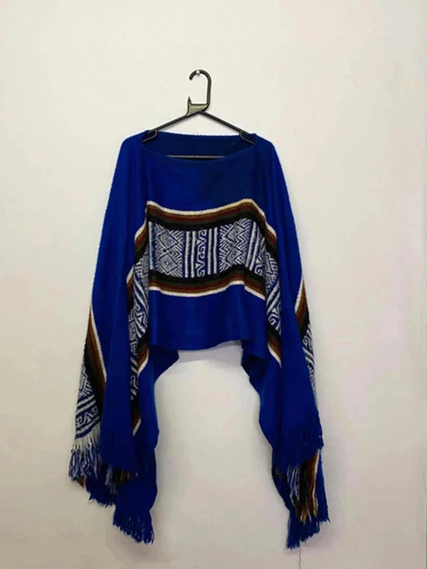 Vintage Blue Fringed Poncho / Shawl – Tribal Aztec Knit Design