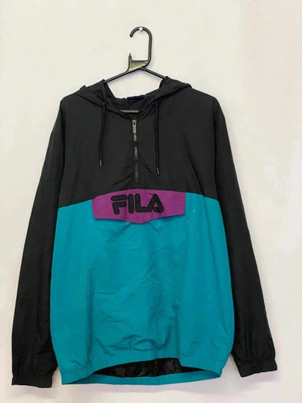 Vintage FILA Colourblock 1/4 Zip Windbreaker – Black/Teal/Purple – Size XL