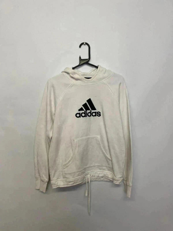 Adidas White Hoodie – Women’s L Drawstring Hem & Logo