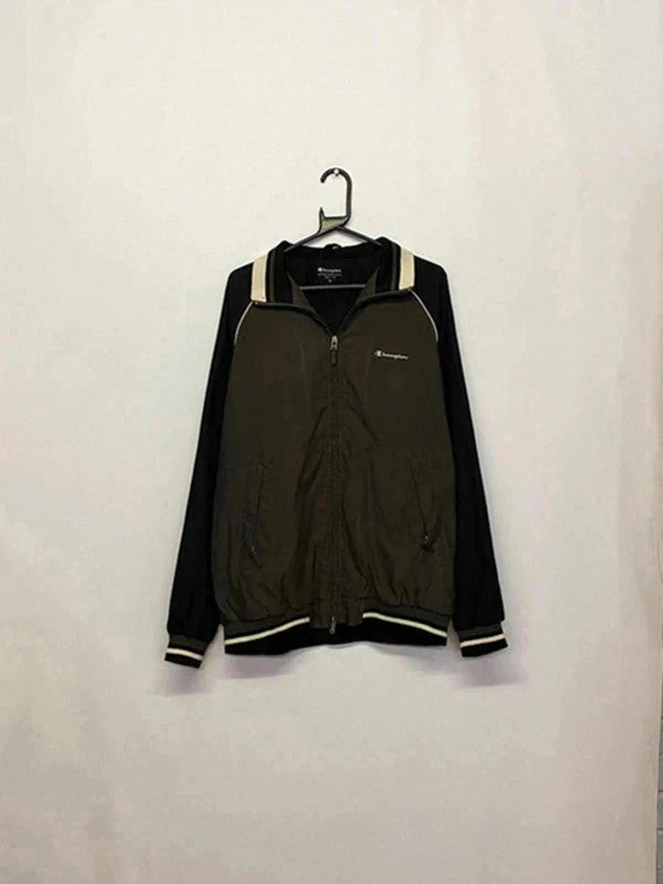 Champion Vintage Zip-Up Windbreaker Jacket – Men’s XL, Olive & Black, Retro Sportswear