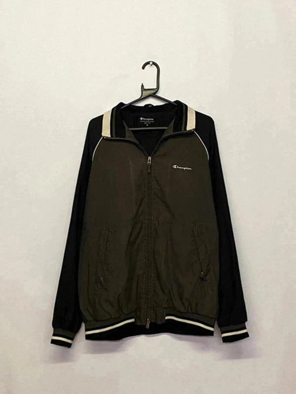 Champion Vintage Zip-Up Windbreaker Jacket – Men’s XL, Olive & Black, Retro Sportswear