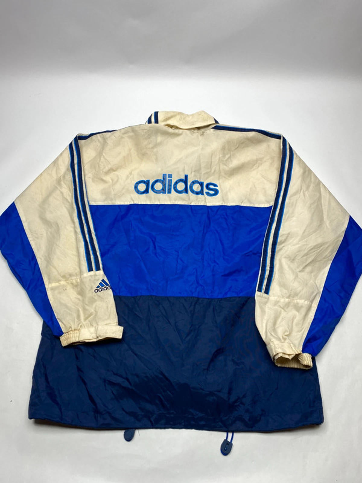 Vintage Adidas Men's Windbreaker Jacket Blue and Cream