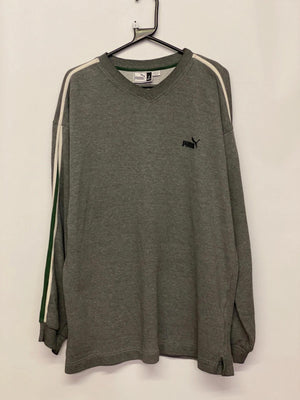 Puma Grey V-Neck Sweatshirt with Striped Sleeves