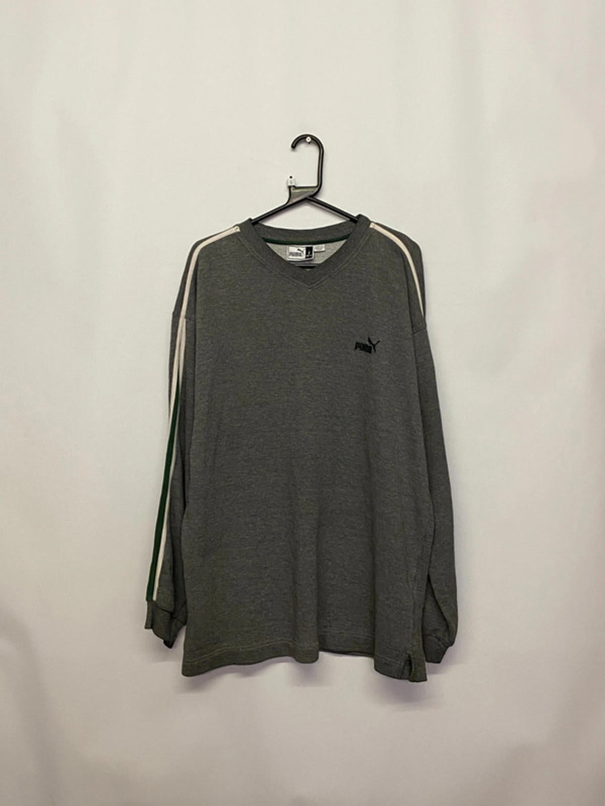 Puma Grey V-Neck Sweatshirt with Striped Sleeves