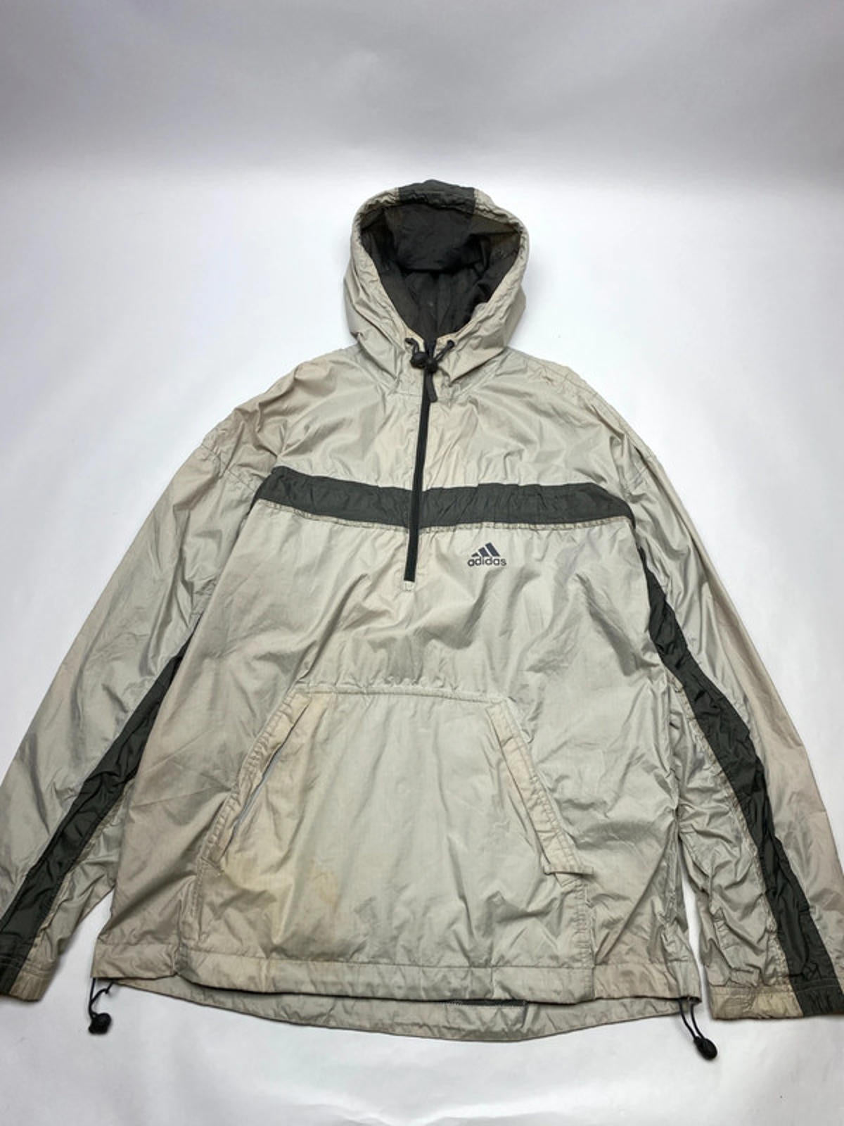 Adidas Vintage Beige & Grey 1/2 Zip Hooded Windbreaker Jacket