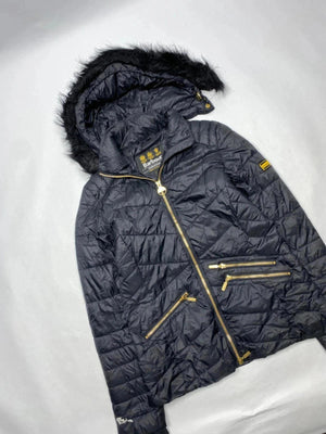 Barbour Black Quilted Hooded Jacket with Faux Fur Trim