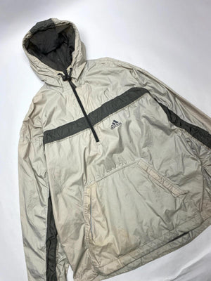 Adidas Vintage Beige & Grey 1/2 Zip Hooded Windbreaker Jacket