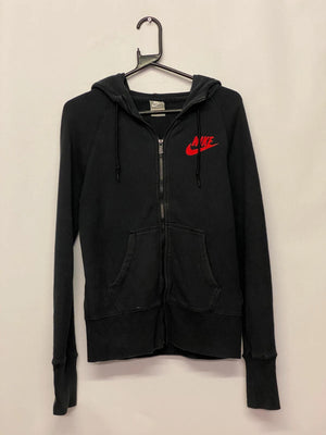Nike Sportswear Black Zip-Up Hoodie with Red Swoosh Logo