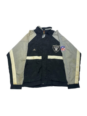 Black and Grey NFL Raiders Jacket Men's Medium Northern Pole Vintage Wholesale 