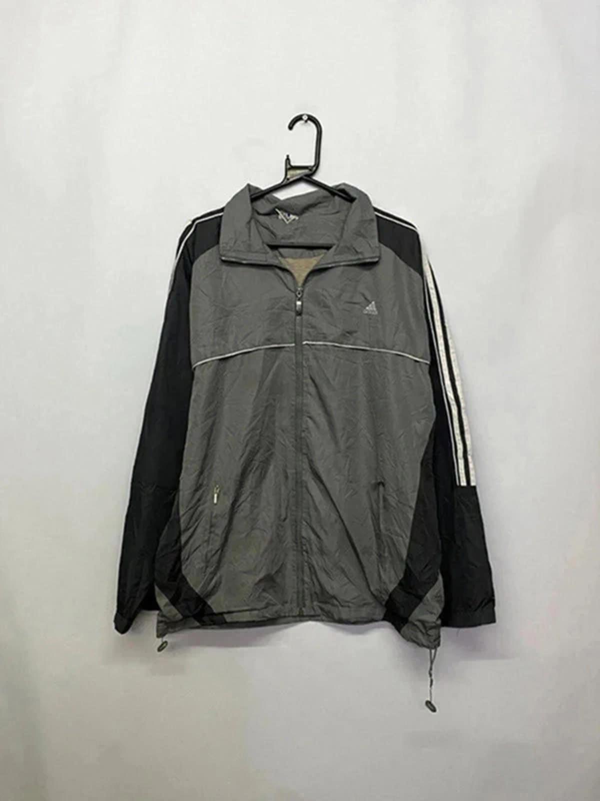 Adidas Men's Windbreaker Jacket Grey and Black with Striped Sleeves