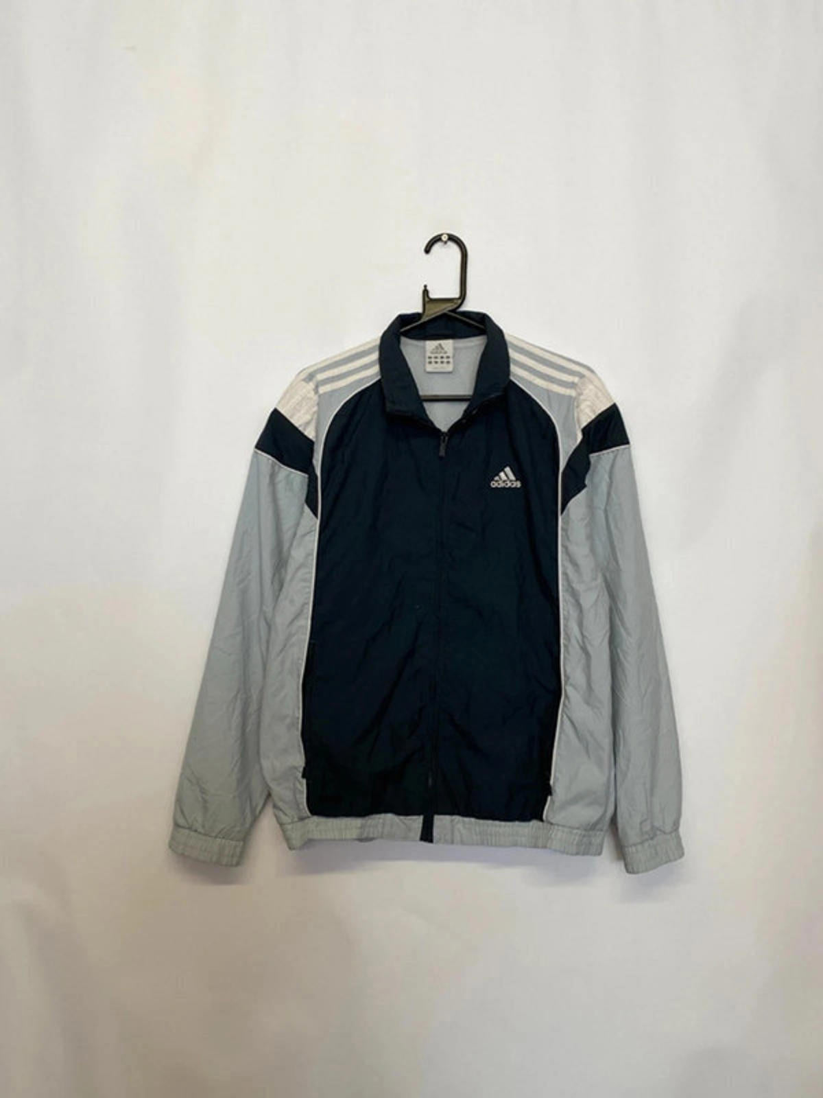 Adidas Vintage Navy Grey 3-Stripes Full-Zip Windbreaker Jacket Men’s L